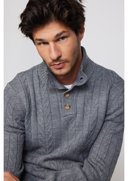 Erkek Slim Fit Dar Kesim Yumuşak Dokulu Desenli Dik Yaka Düğmeli Triko Gri Kazak fiyatları