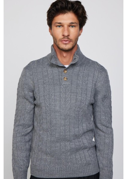 Erkek Slim Fit Dar Kesim Yumuşak Dokulu Desenli Dik Yaka Düğmeli Triko Gri Kazak modelleri