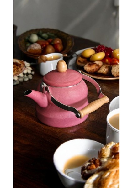 Ahşap Saplı Üstten Tutmalı Mevlevi Model Vintage Emaye Demlik 2.5 Litre Kettle Pembe Çaydanlık