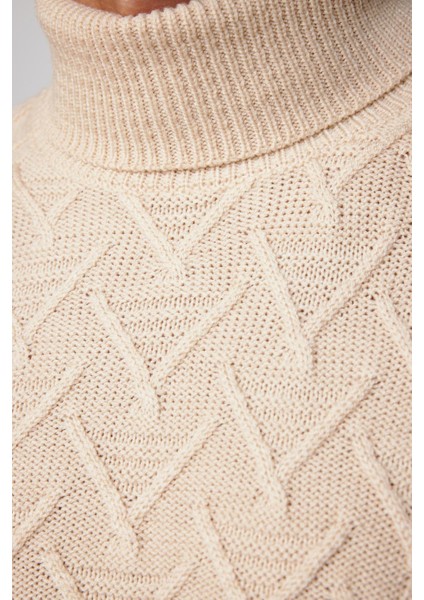 Slim Fit Dar Kesim Tam Balıkçı Yaka Desenli Bej Erkek Triko Kazak fırsatları