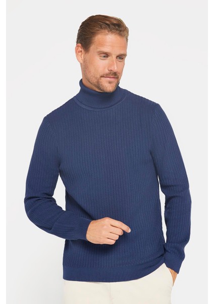 Slim Fit Tam Boğazlı Tüylenme Yapmayan Erkek Lacivert Kazak