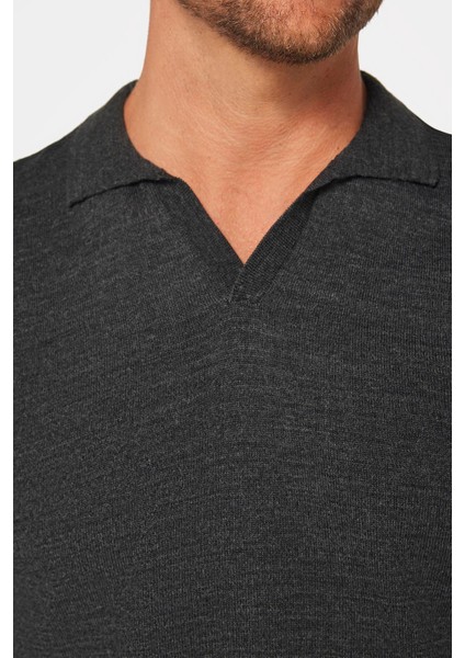 Erkek Slim Fit Dar Kesim Polo V Yaka Antrasit Triko Kazak fırsatları