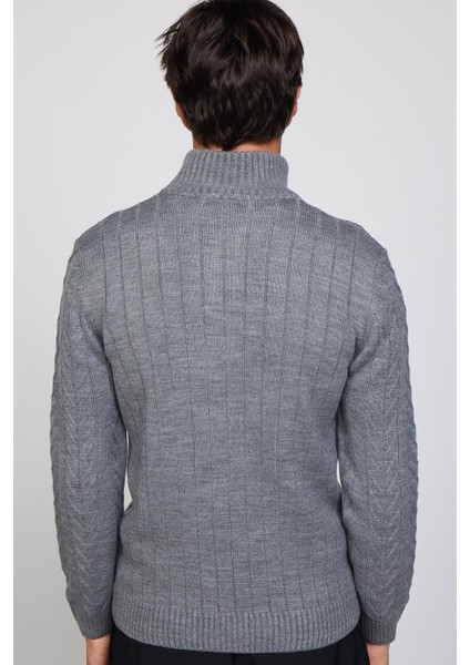 Erkek Slim Fit Dar Kesim Yumuşak Dokulu Desenli Dik Yaka Düğmeli Triko Gri Kazak indirimleri