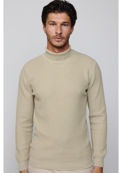 Slim Fit Tam Boğazlı Tüylenme Yapmayan Taş Rengi Erkek Kazak modelleri