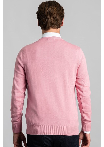 Erkek Slim Fit V Yaka Pamuklu Pembe Triko Kazak