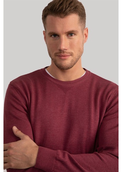 Erkek Slim Fit Bisiklet Yaka Bordo Triko Kazak