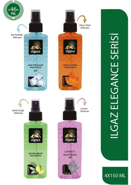 Dörtlü Set Elegance Series - Buz Ferahlığı + Tütün + Zeytin Çiçeği + Lavanta Sprey Kolonya 150 ml x 4 adet