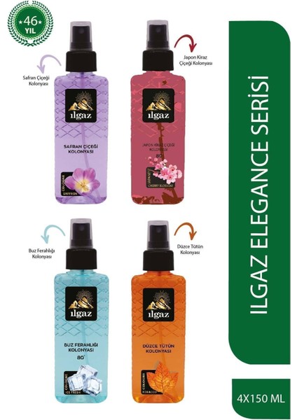 Dörtlü Set Elegance Series - Safran + Japon Kirazı + Tütün + Buz Ferahlığı Sprey Kolonya 150 ml x 4 adet