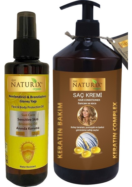 Bronzlaştırıcı Spf 30 Portakal Yağlı Güneş Yağı 200 ml + Tuzsuz Bitkisel Keratin Saç Kremi 500 ml