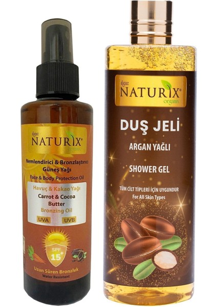 Kakao & Havuç Yağı Spf 15 Yoğun Bronzlaştırıcı Yağ 200 ml Sprey + Argan Yağlı Duş Jeli 400 ml