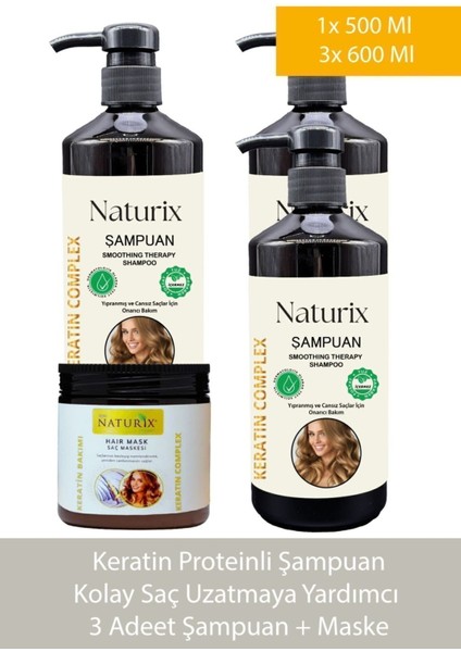 4'lü Set – Tuzsuz Keratin Şampuan (3 x 600 ml) & Keratin Bakım Maskesi (500 ml)