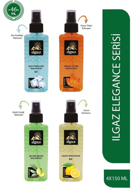 Dörtlü Elegance Series Buz Ferahlığı + Tütün + Zeytin Çiçeği + Limon Kolonyası - Sprey Kolonya 150 ml x 4 adet