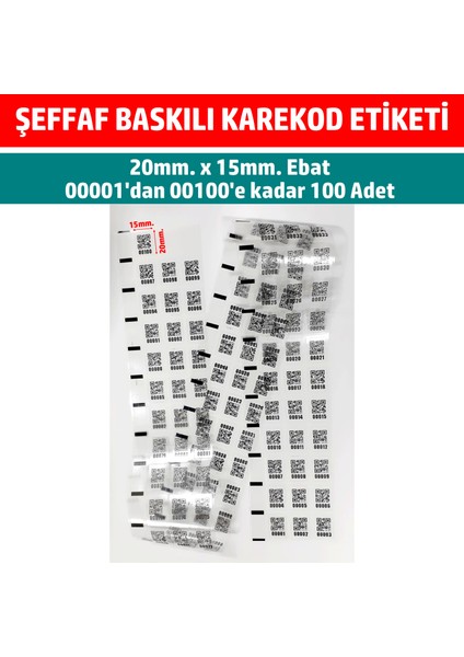 Dijital Barkod Şeffaf Baskılı Etiket Karekod Barkod Seri Numaralı Envanter, Demirbaş 20X15MM 100 Adet