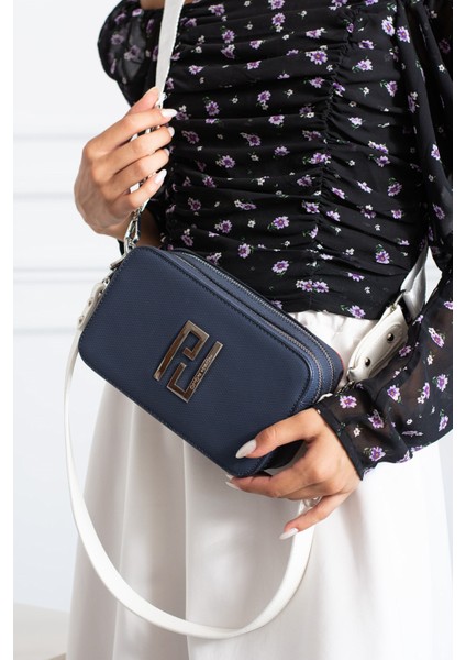 Kadın Lacivert Beyaz Çapraz Askılı 2 Bölmeli Kutu Mini Omuz ve El Çantası PBU5024