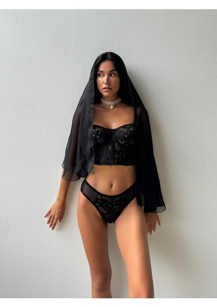 Simli Kapsız Siyah Bustiyer Takım (692T)