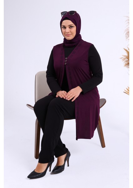 Kadin Buyuk Beden Üç Düğmeli Likralı Yelek