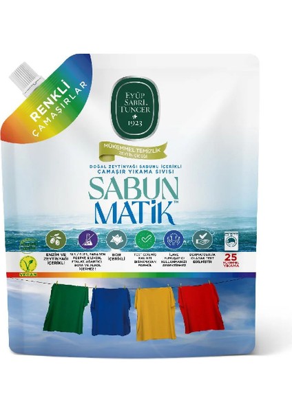 Doğal Zeytinyağı İçerikli Çamaşır Yıkama Sıvısı Renkliler 1,5 lt