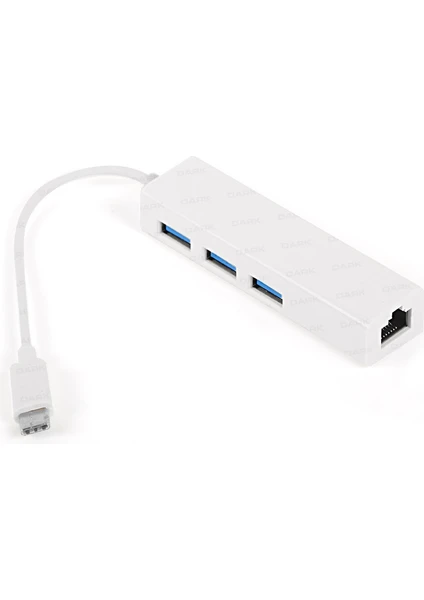 DK-AC-U31X3GLWP USB Type-C To RJ45 Gigabit Ethernet ve 3xusb 3.0 Hub Çoklayıcı Adaptör (Beyaz)