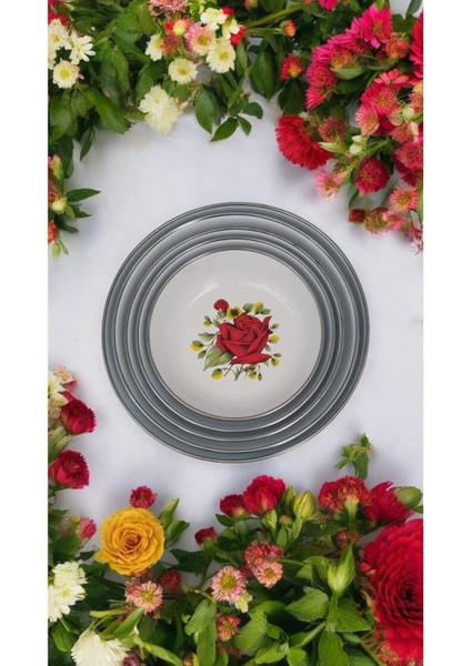 Emaye Muhallebi Yemek Kahvaltı Tabak Desenli Kase , Çukur Tabak, Salata Tabak, Cips Tabak 5li Set