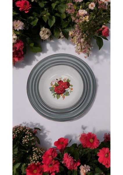 Emaye Muhallebi Yemek Kahvaltı Tabak Desenli Kase , Çukur Tabak, Salata Tabak, Cips Tabak 5li Set