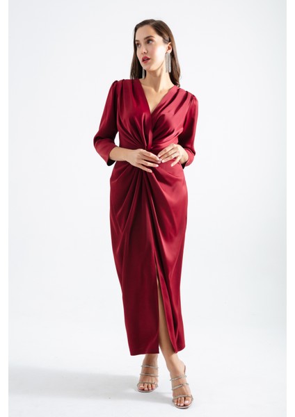Kadın Bordo V Yaka Midi Abiye Elbise fiyatları
