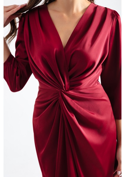 Kadın Bordo V Yaka Midi Abiye Elbise fırsatları