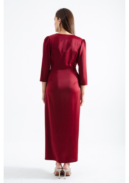 Kadın Bordo V Yaka Midi Abiye Elbise indirimleri