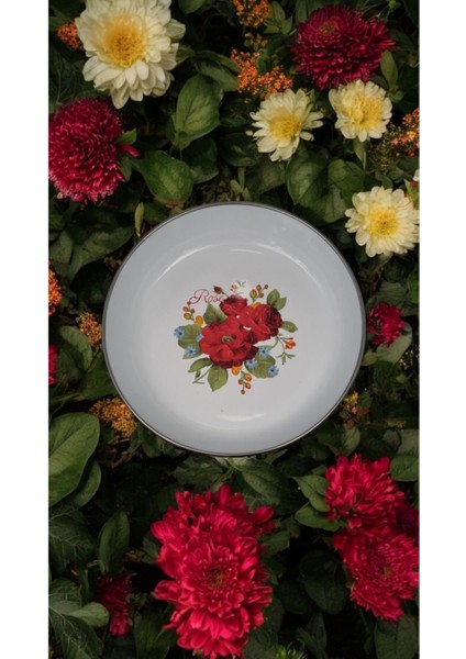 6 Lı Set Emaye Muhallebi Tabak 20 cm Desenli Yemek Kahvaltı Tabak Desenli Salata Cips Tabak Kase