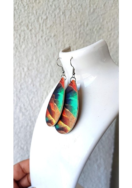 Deri Küpe /çift Tarafı Resimli / Damla Formunda 5,5cm/ Sallantılı modelleri