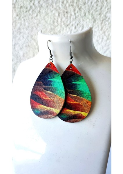 Deri Küpe /çift Tarafı Resimli / Damla Formunda 5,5cm/ Sallantılı indirimleri