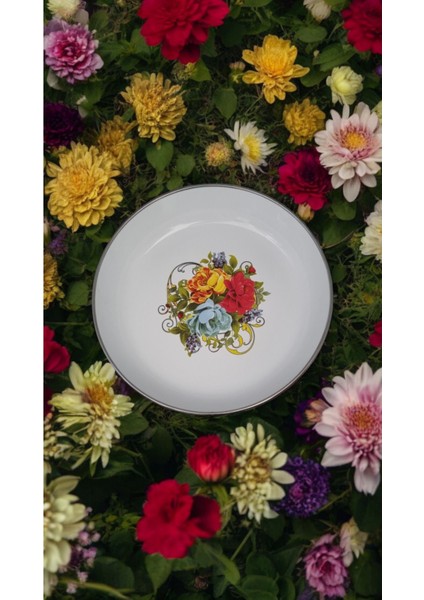 6 Lı Set Emaye Muhallebi Tabak 24 cm Desenli Yemek Kahvaltı Tabak Desenli Salata Cips Tabak Kase
