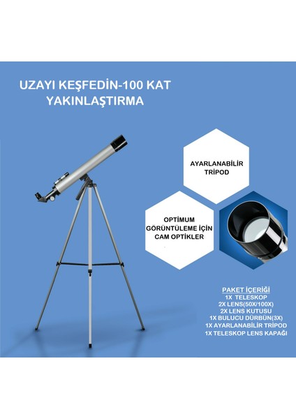 Teleskop 100 Kat Yakınlaştırma 50MM Eğitici Astronomik Uzay Doğa Ay Gözlem Teleskobu + Tripod