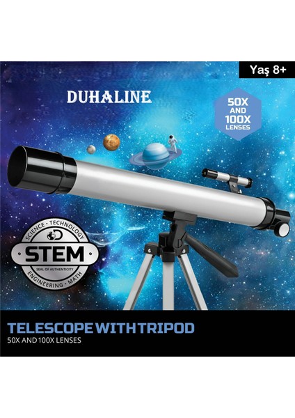 Teleskop 100 Kat Yakınlaştırma 50MM Eğitici Astronomik Uzay Doğa Ay Gözlem Teleskobu + Tripod