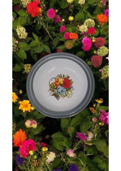 Emaye Muhallebi Yemek Kahvaltı Tabak Desenli Çukur Tabak, Salata Cips Tabak 20CM 22CM 24CM 3 Lü Set