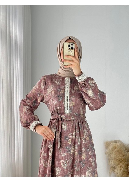 Dantel Detaylı Şal Desen Keten Elbise NSR141301 fiyatları