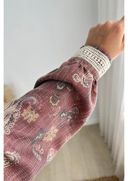 Dantel Detaylı Şal Desen Keten Elbise NSR141301 modelleri