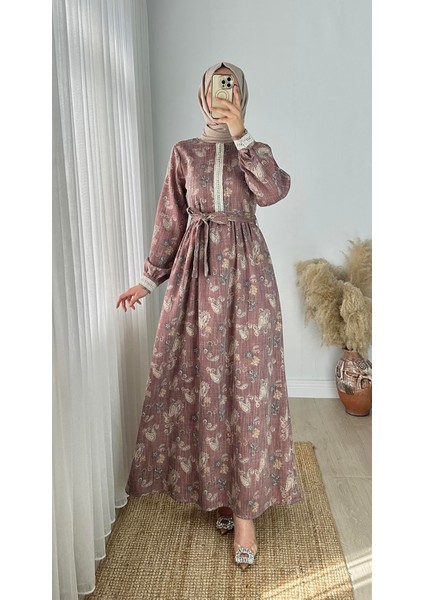 Dantel Detaylı Şal Desen Keten Elbise NSR141301 fırsatları