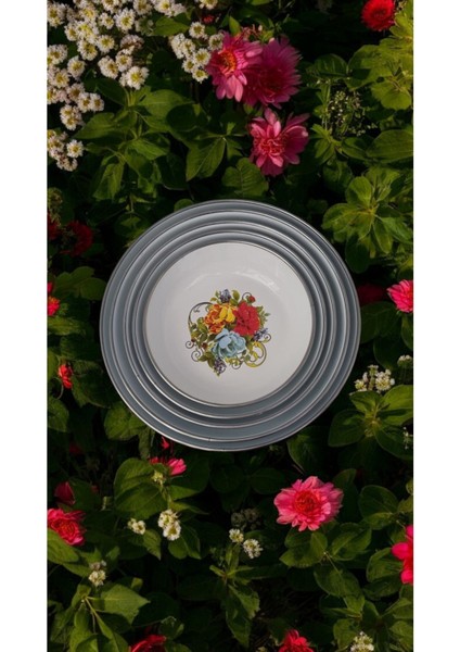 Emaye Muhallebi Yemek Kahvaltı Tabak Desenli Kase , Çukur Tabak, Salata Tabak, Cips Tabak 5li Set