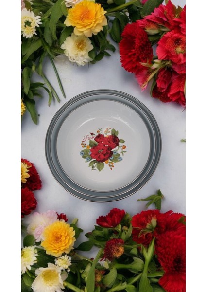 Emaye Muhallebi Yemek Kahvaltı Desenli Çukur Tabak, Salata Cips Tabak 20CM 22CM 24CM Set 3 Lü Set