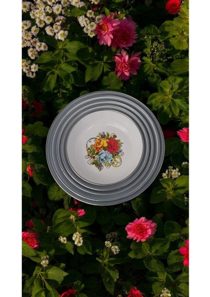 Emaye Muhallebi Yemek Kahvaltı Tabak Desenli Kase , Çukur Tabak, Salata Tabak, Cips Tabak 5li Set