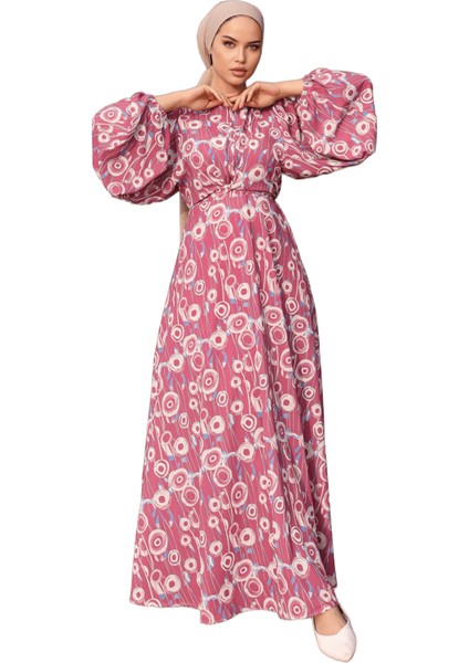 Bağlamalı Yuvarlak Desen Saten Elbise NSR167201