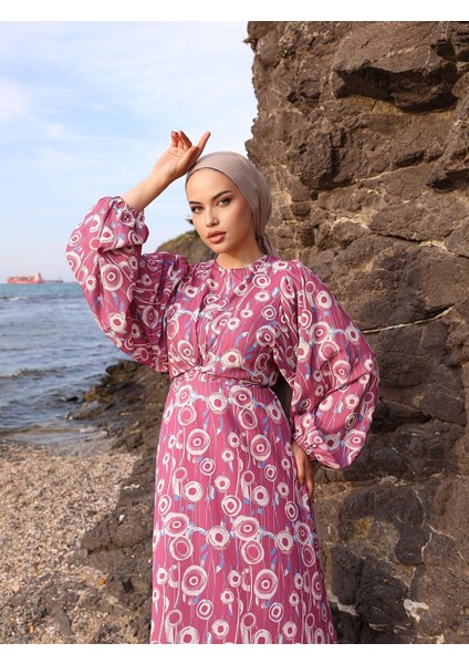 Bağlamalı Yuvarlak Desen Saten Elbise NSR167201 modelleri