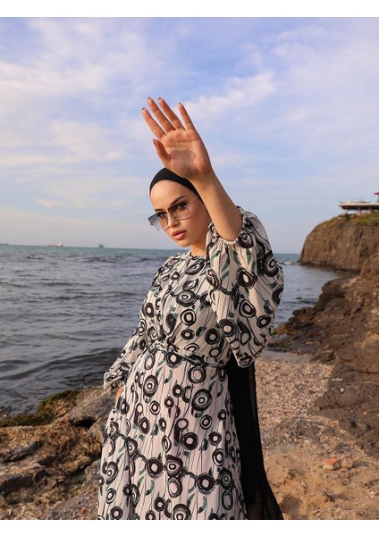 Bağlamalı Yuvarlak Desen Saten Elbise NSR167201 modelleri