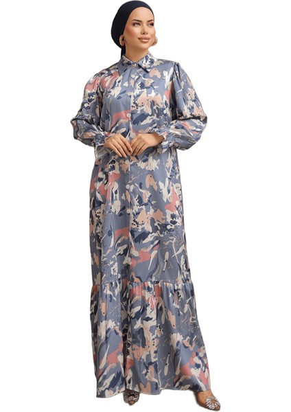 Gömlek Yaka Boy Düğmeli Saten Elbise NSR165001