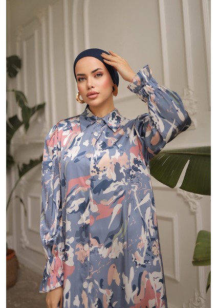 Gömlek Yaka Boy Düğmeli Saten Elbise NSR165001 modelleri