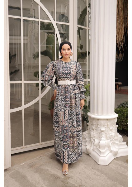 Balon Kol Baklava Desen Saten Elbise NSR164801 fiyatları