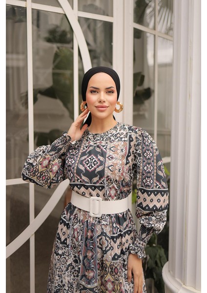 Balon Kol Baklava Desen Saten Elbise NSR164801 modelleri