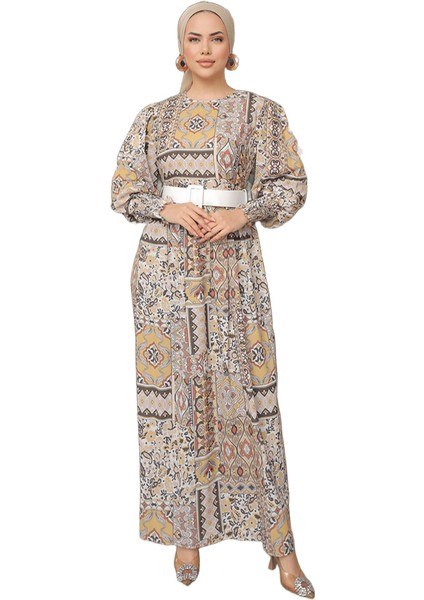 Balon Kol Baklava Desen Saten Elbise NSR164801