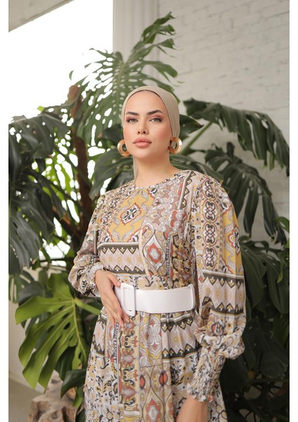 Balon Kol Baklava Desen Saten Elbise NSR164801 fiyatları