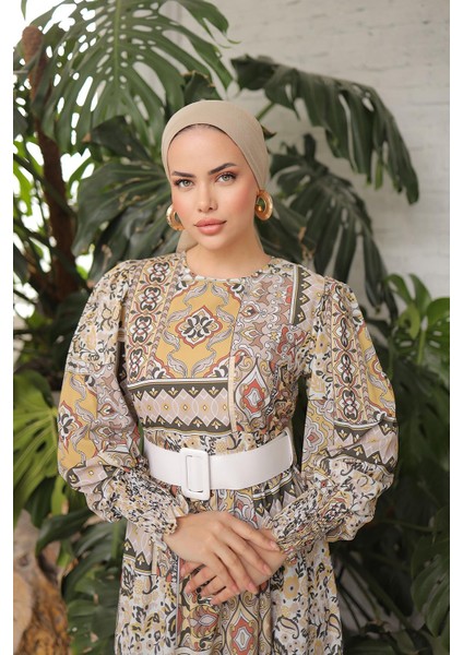 Balon Kol Baklava Desen Saten Elbise NSR164801 modelleri